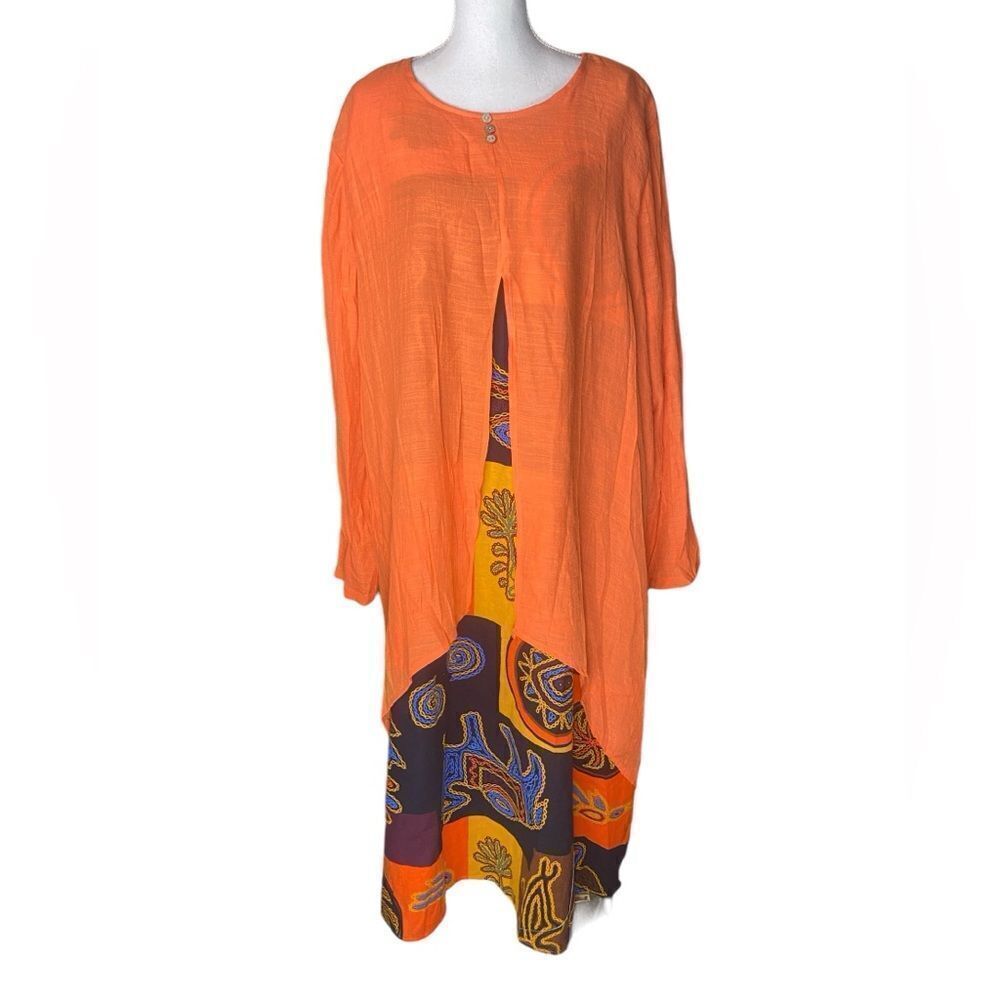 CELLABIE Size 5XL Orange Art to Wear Layered Tribal Print Cotton Caftan Dress